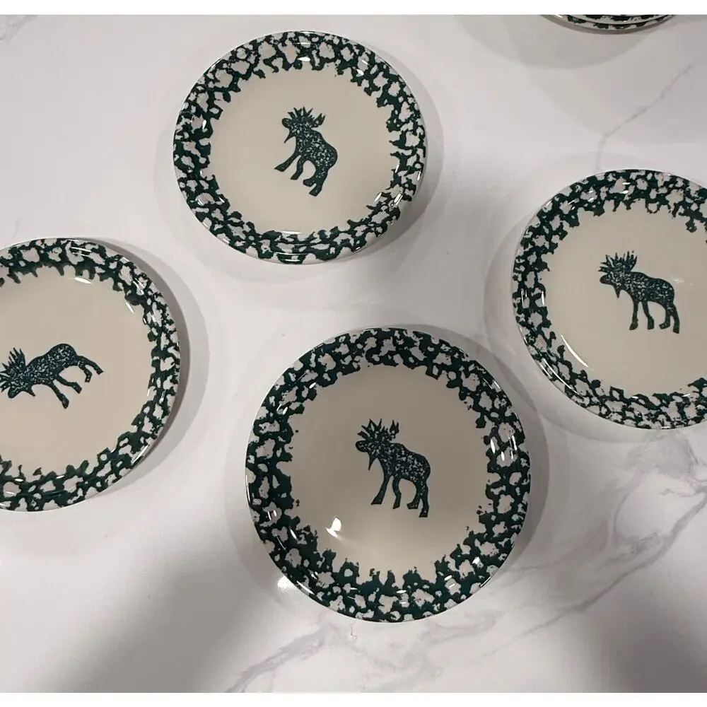 VINTAGE Tienshan Moose Country Salad Plates Set 4 Folk Craft Spongeware 8 Inch